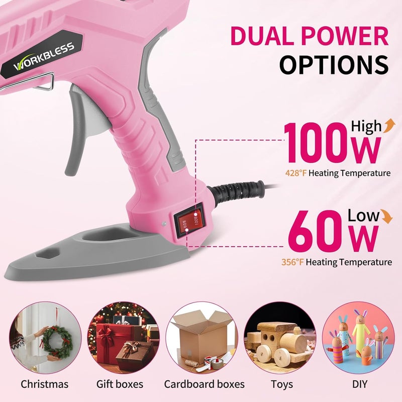 WorkBless Pink Hot Glue Gun Full Size, 60W/100W Dual Temp Glue Gun, Fast Heating Heavy and Duty Glue Gun with 20PCS Glue Sticks for Arts, Home Repair, Professional DIY & Industrial Use - Image 2
